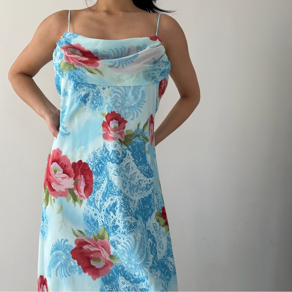 1990s Alyn Paige Made in USA Blue Floral Maxi Dress - Large